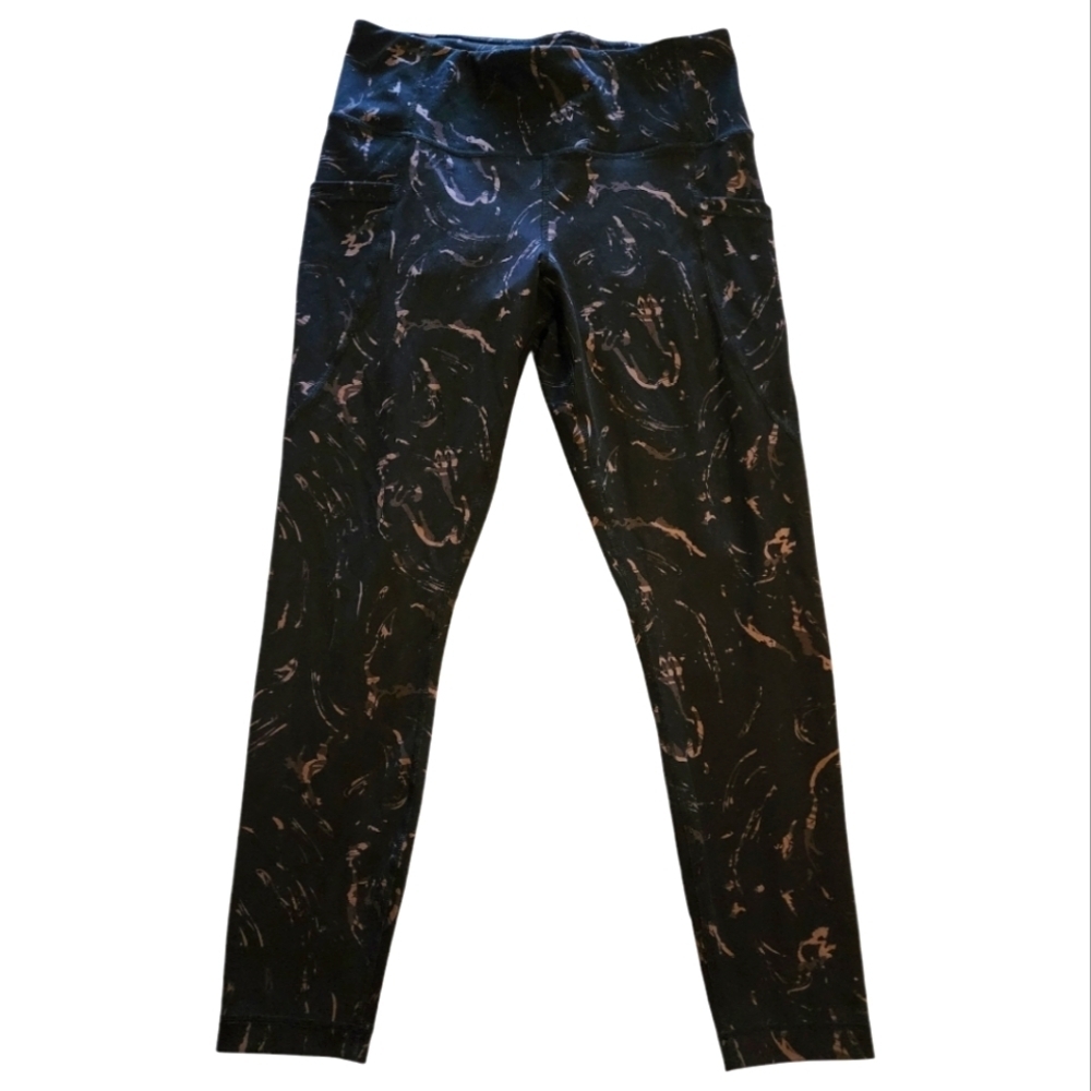 Active Life High Waist Leggings LG Black Purple Marble Print Pockets Athleisure